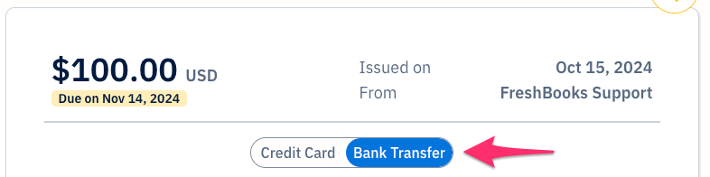 Invoice with credit card and bank transfer tabs.