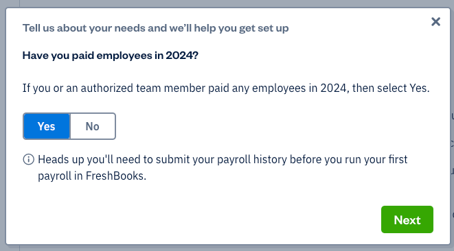 Pop up with have you paid your employees in current year question with yes selected.