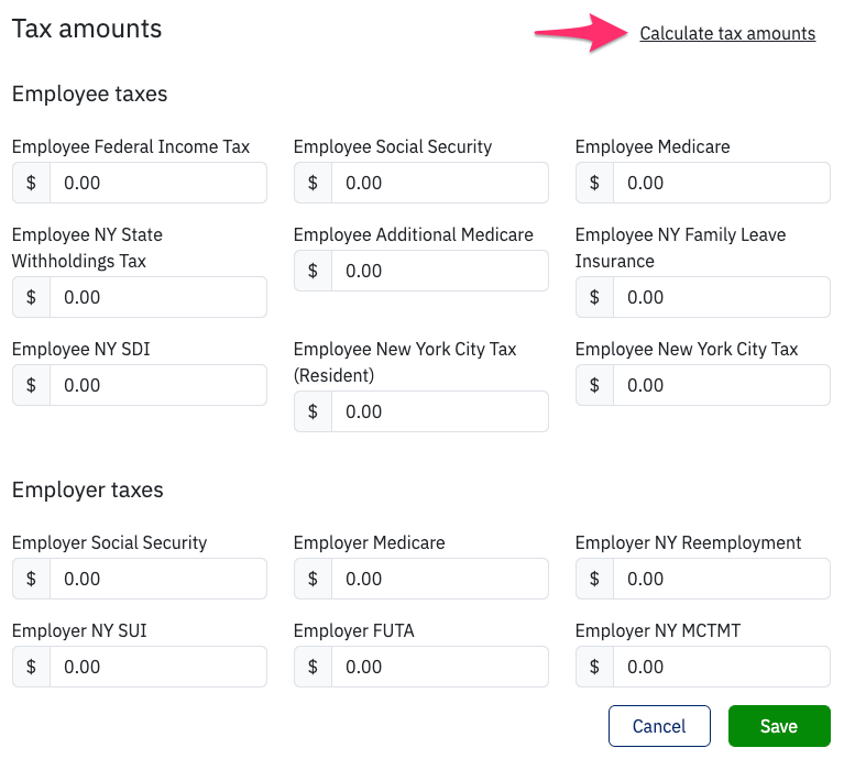 Tax fields with calculate tax amounts link available to select.