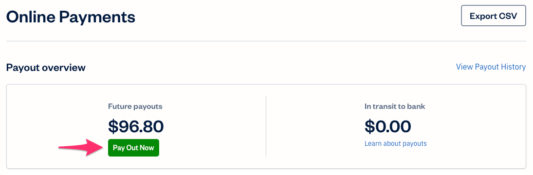 Pay out now button under future payouts balance.