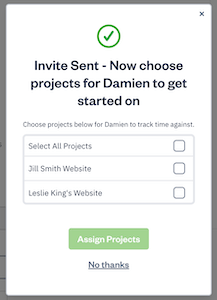 Pop-up showing invite sent with a list of projects with checkboxes next to each.
