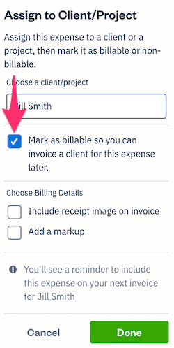 Mark expense as billable checkbox with fields to fill out.