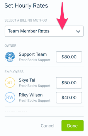 Team member rates options.