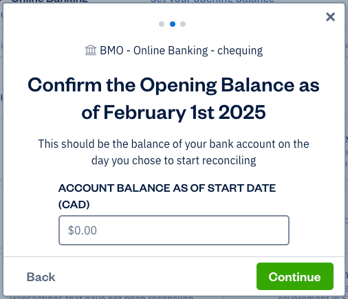 Opening balance with field to enter account balance.