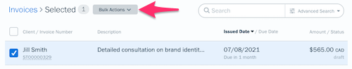 Bulk actions button above list of invoices with one invoice checked off.