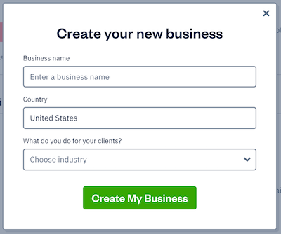 Field for business name, country selector and industry selector for new business.