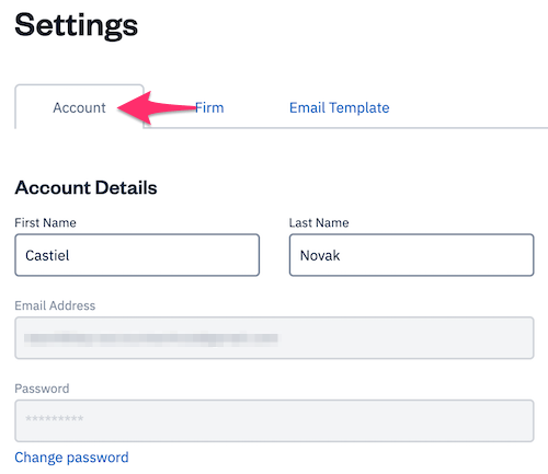 Settings section with account sub-tab selected.