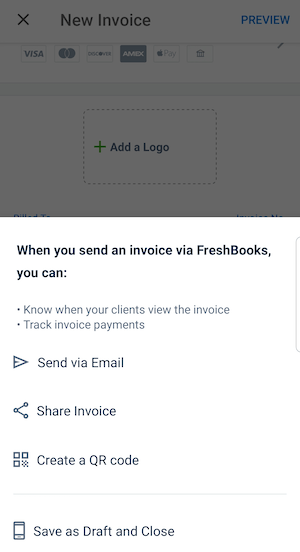 List of options on how to send the Invoice.