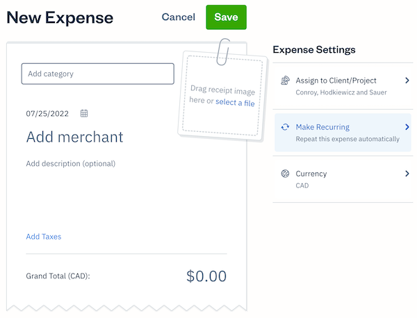 New Recurring Expense button on an expense creation screen.