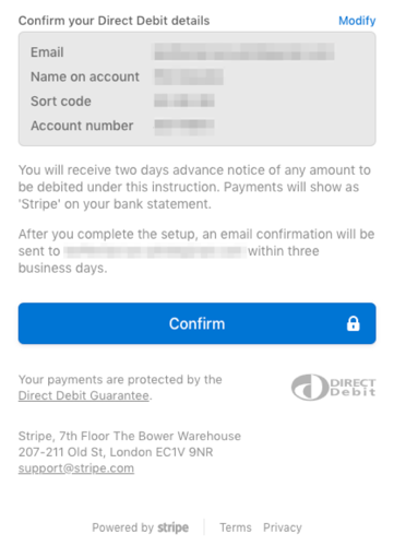 Confirm direct debit details button at bottom of summary.