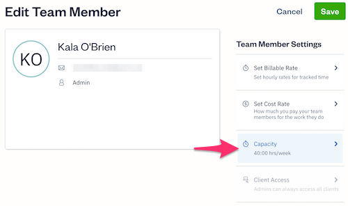 Team Member profile with capacity setting selected.