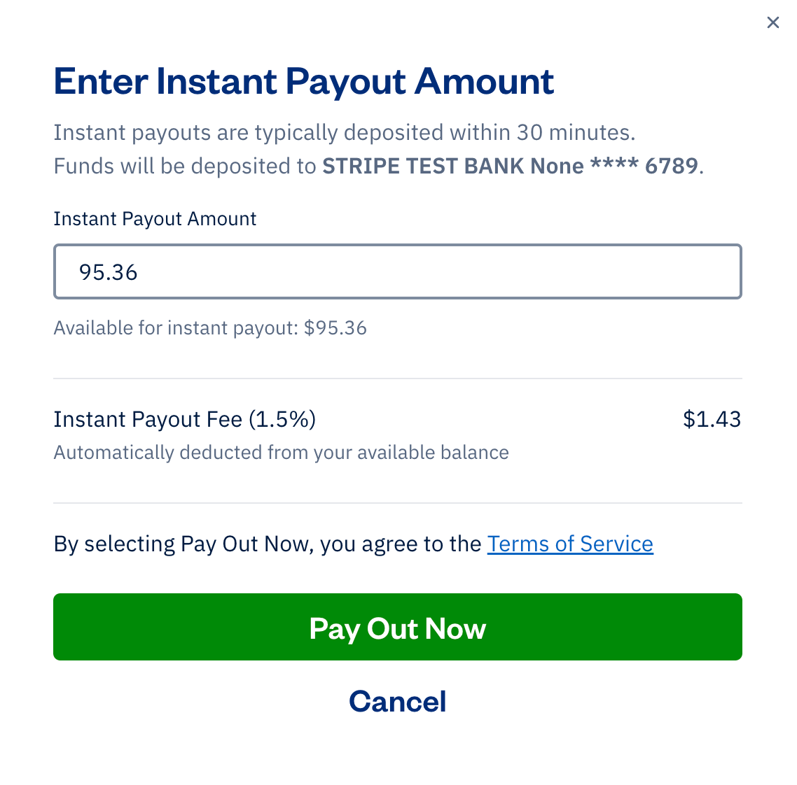 Instant payout pop-up with field to enter total in.