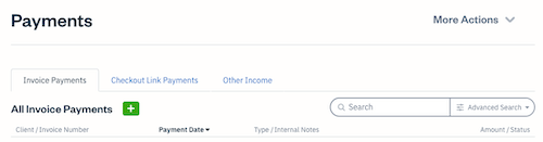 Payments section with sub-tabs for Invoice Payments, Checkout Links and Other Income underneath.