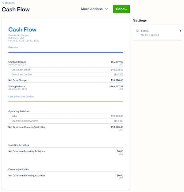 Cash Flow report with filters to customize report.