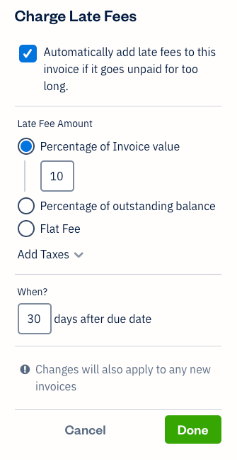 Checkbox to activate late fees and settings to adjust late fee amount and how many days after due date.