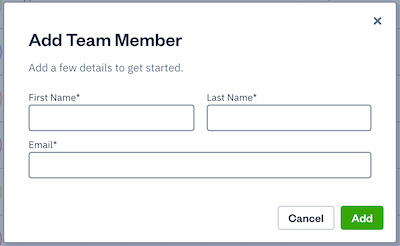 Add team member with fields for name and email.