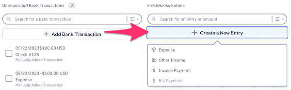 Create a new FreshBooks entry button.