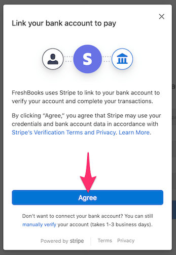 Agree button to connect bank account.