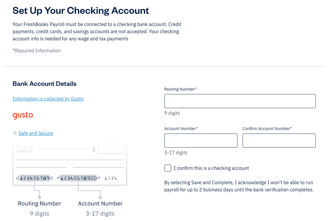 Bank account details section with fields to fill out.