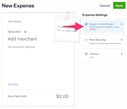 Assign to Client or Project option on expense creation screen.