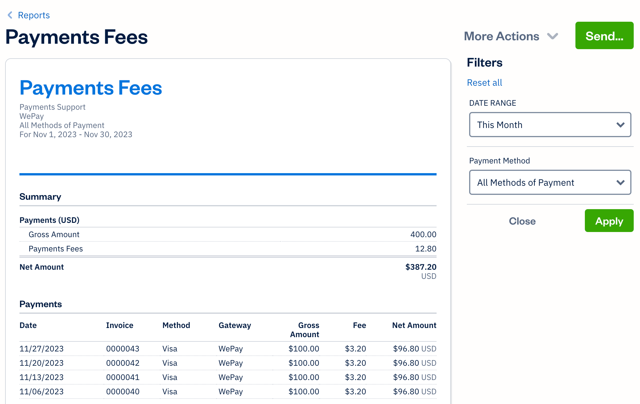 Payment fees report showing all payments with details and filters on the right side.
