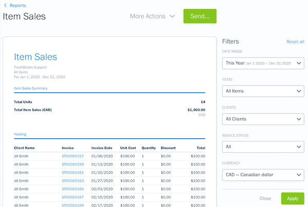 Filters on the item sales report.