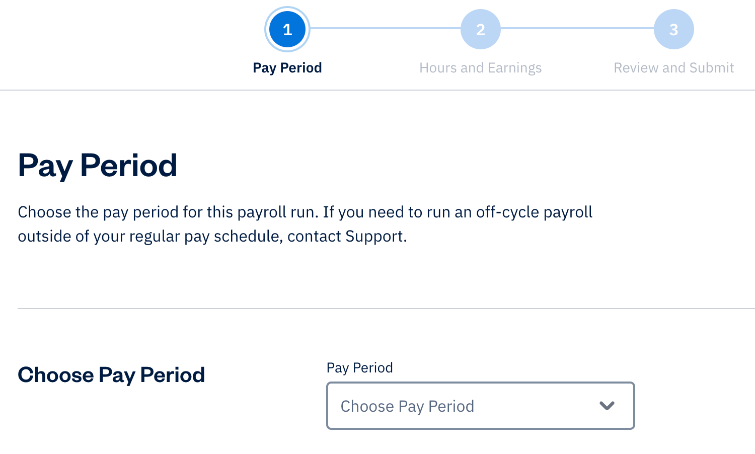 Pay period section with dropdown to choose a pay period.