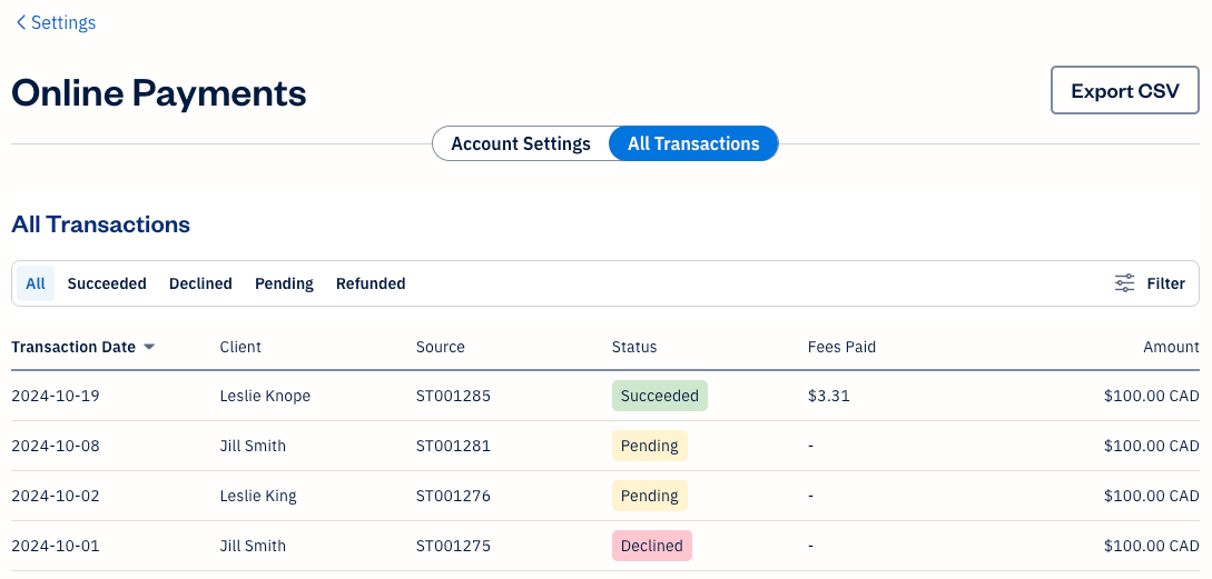 List of transactions with details on each row.