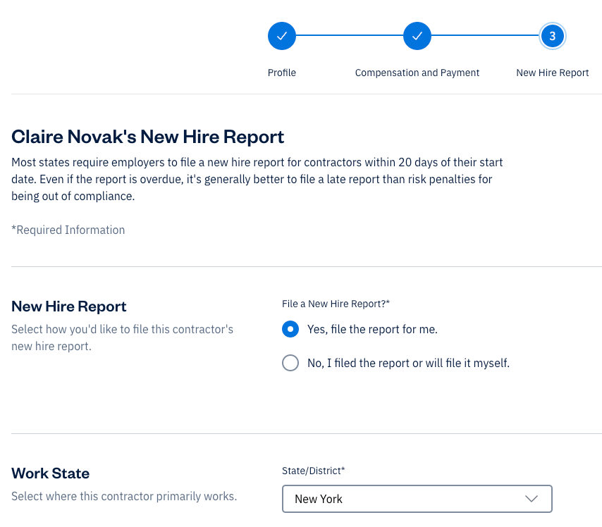 New hire report with options to select.