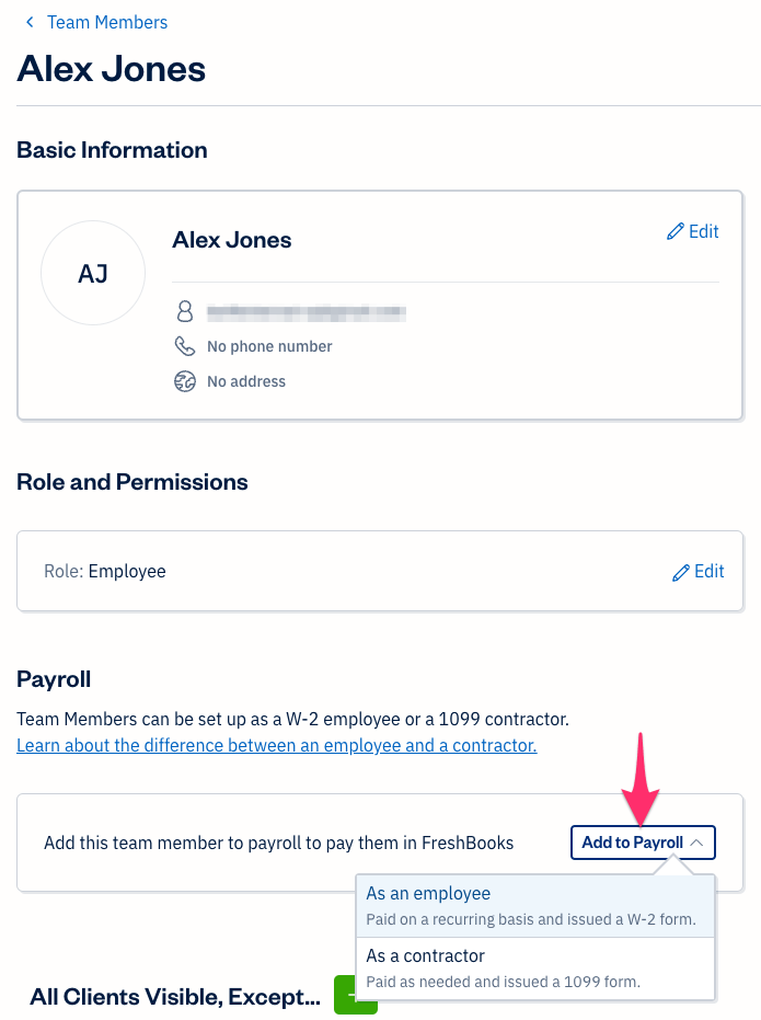 Team member profile with add to payroll button.
