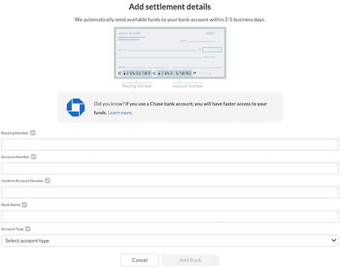 Add settlement details window with bank information to fill out.