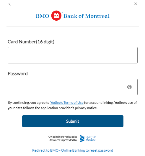 Login credential fields to connect to your bank.