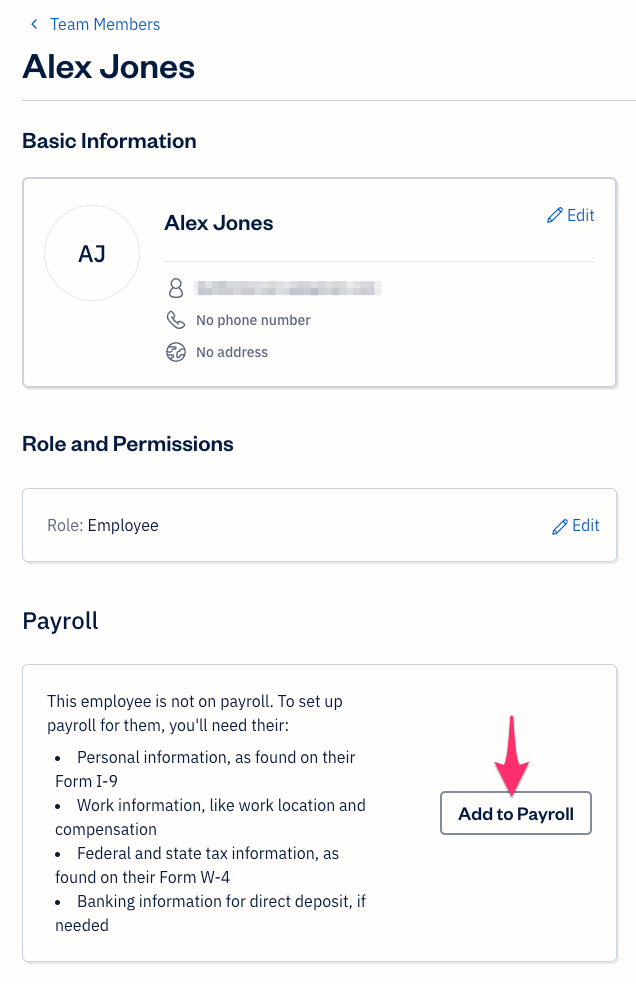 Team member profile with add to payroll button.