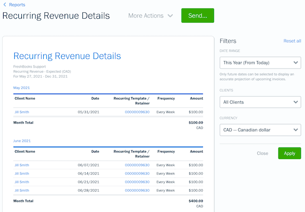 Recurring revenue details report with settings menu open on right side.