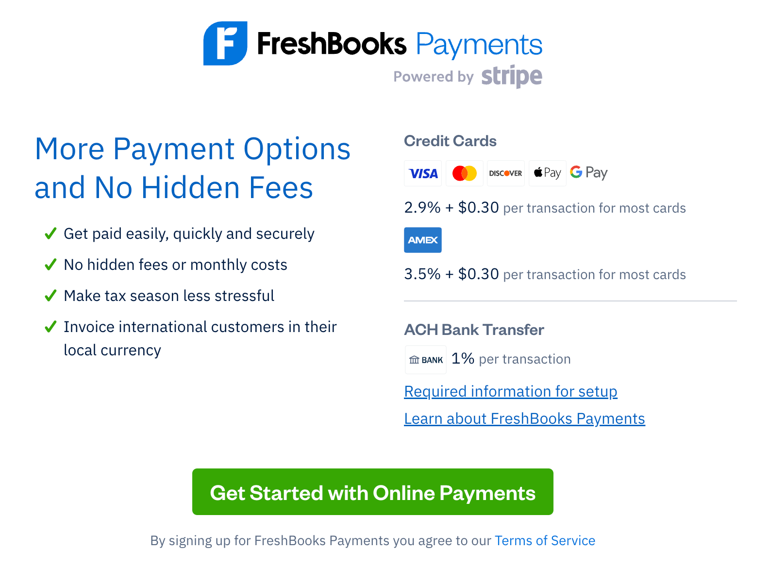 FreshBooks Payments with get started button to begin setup.