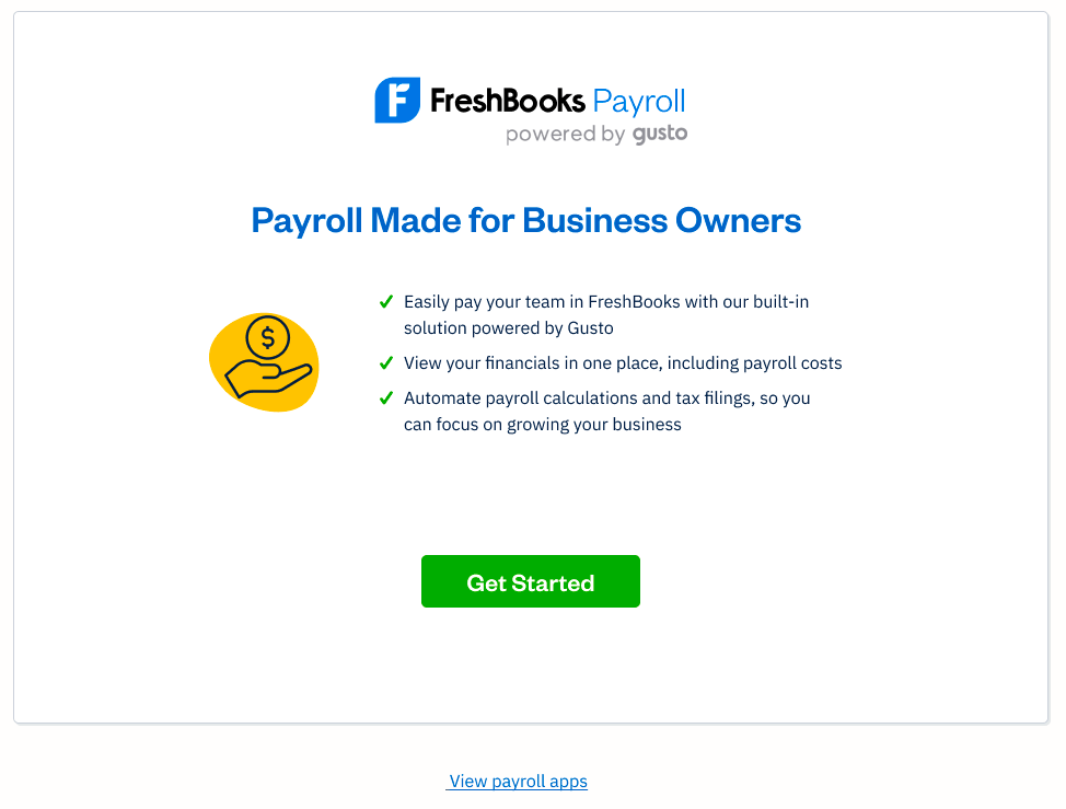 FreshBooks payroll screen with get started button.