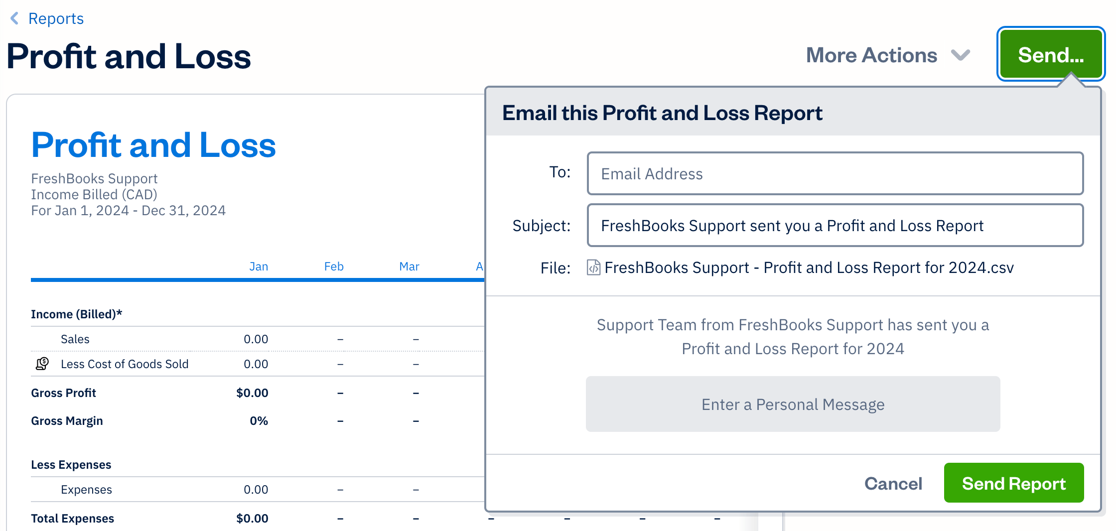 Send button above report with email template open.
