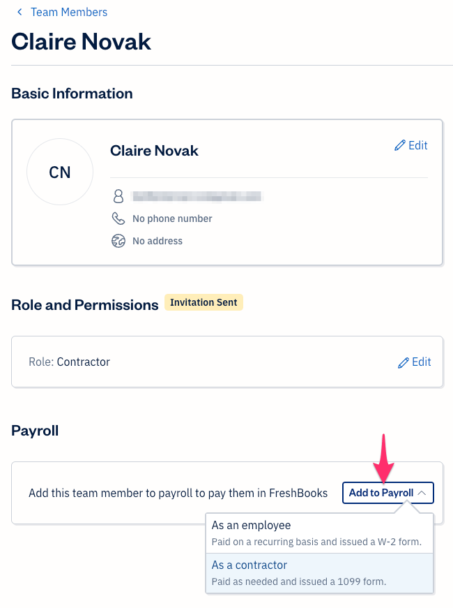 Add to payroll with add as a contractor selected.