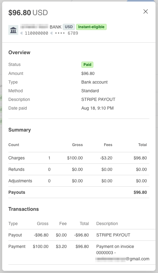 Detailed information on payout displayed.