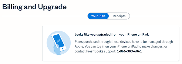 Billing and upgrade page showing Apple subscription notification.