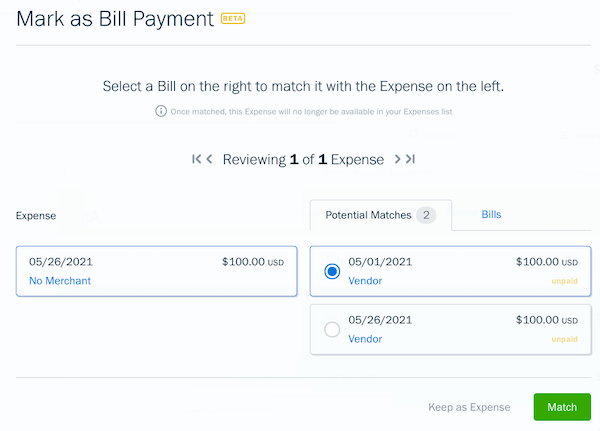 Mark as bill payment screen with options to match or keep as expense.