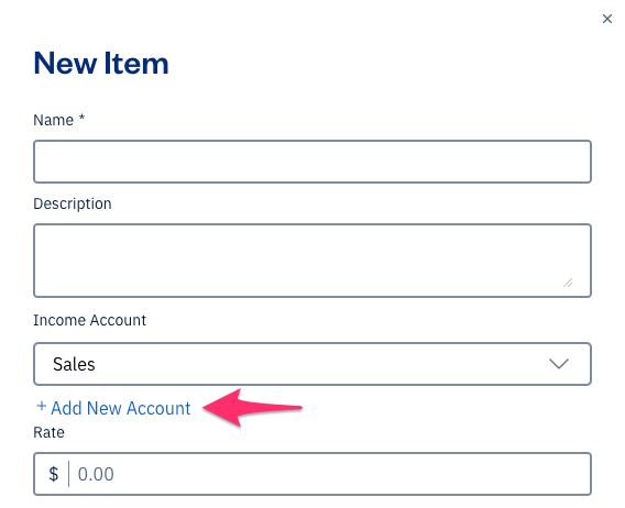 Add New Account link while creating a new item.