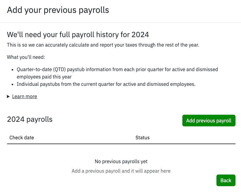 Payroll history with button to add previous payroll.