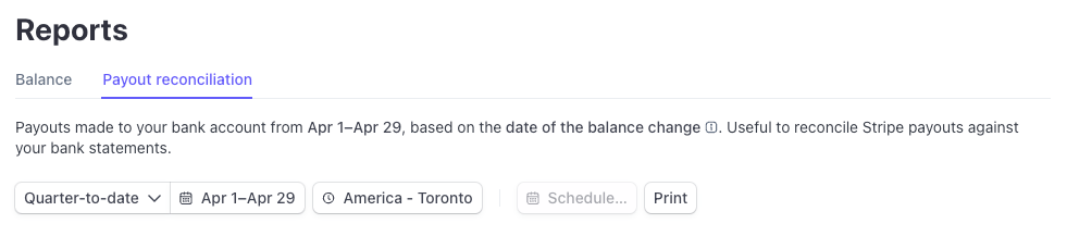 Payout reconciliation report with filters to adjust date.