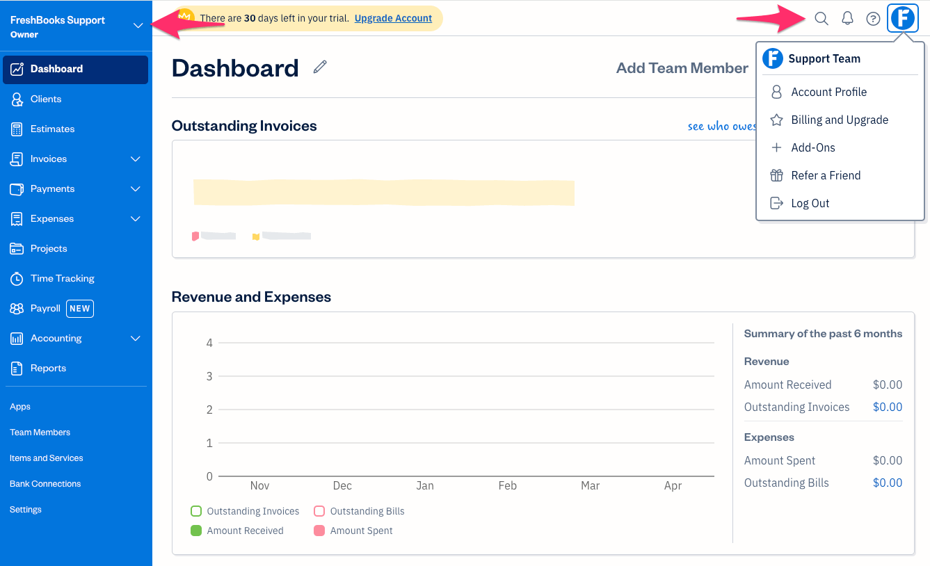 FreshBooks account on the dashboard section with the top bar menu displayed.