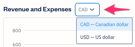 Currency dropdown next to revenue and expenses.
