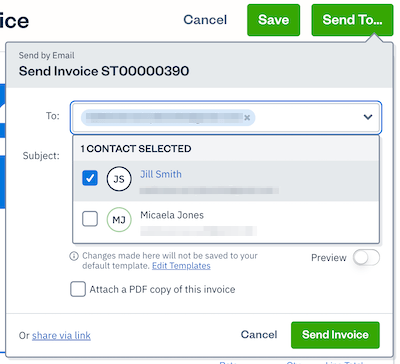 Pop up for sending invoice with to field showing dropdown of extra contacts.