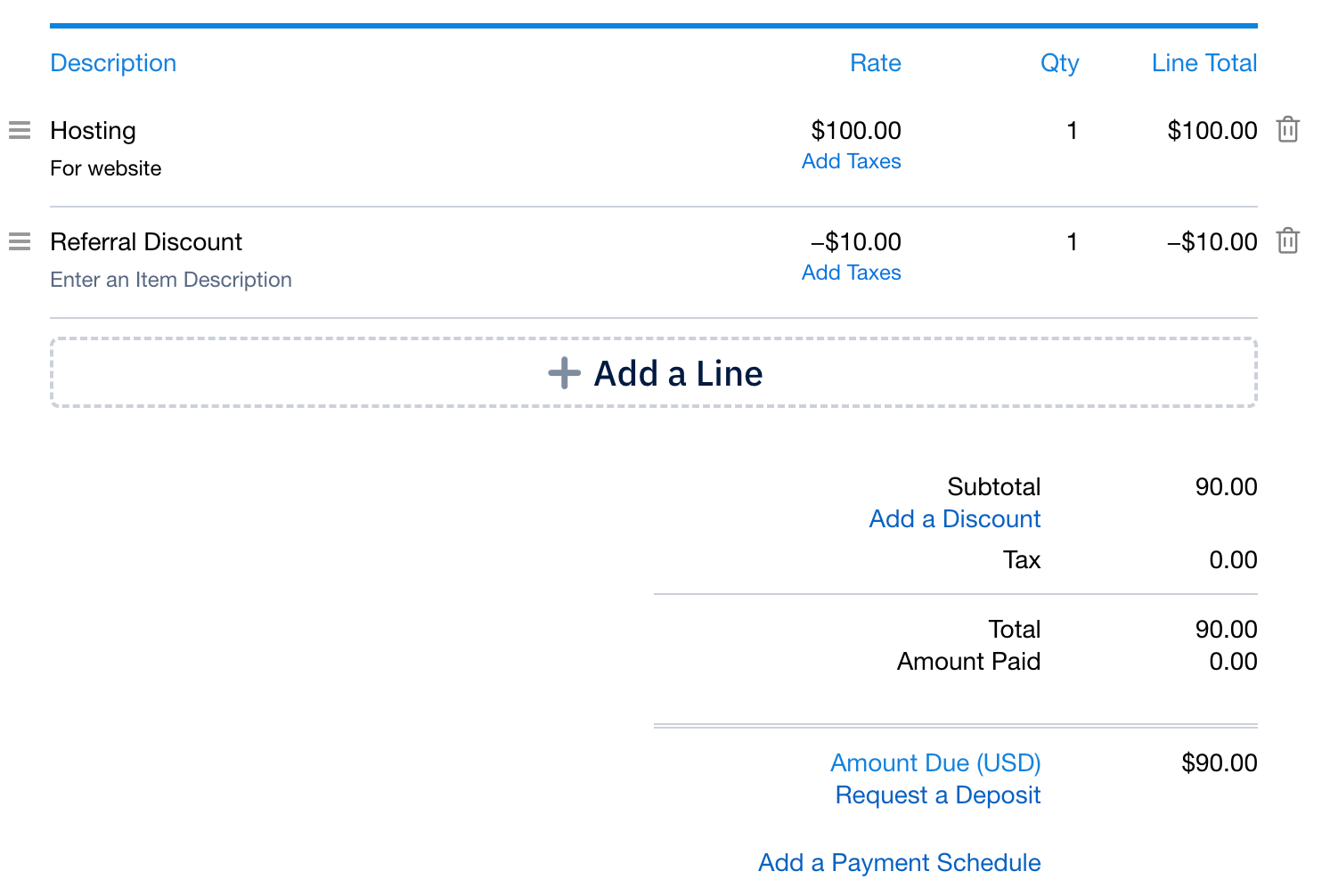 Line item with negative amount applied on invoice.
