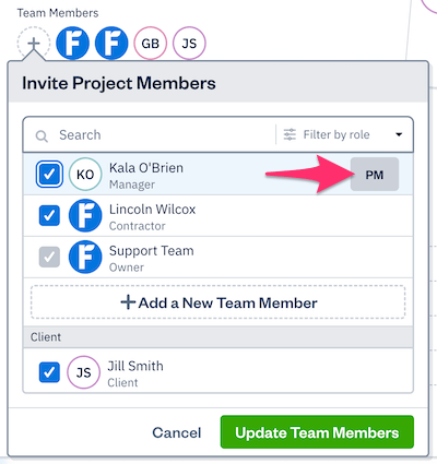 PM button next to team member in list of members on project.