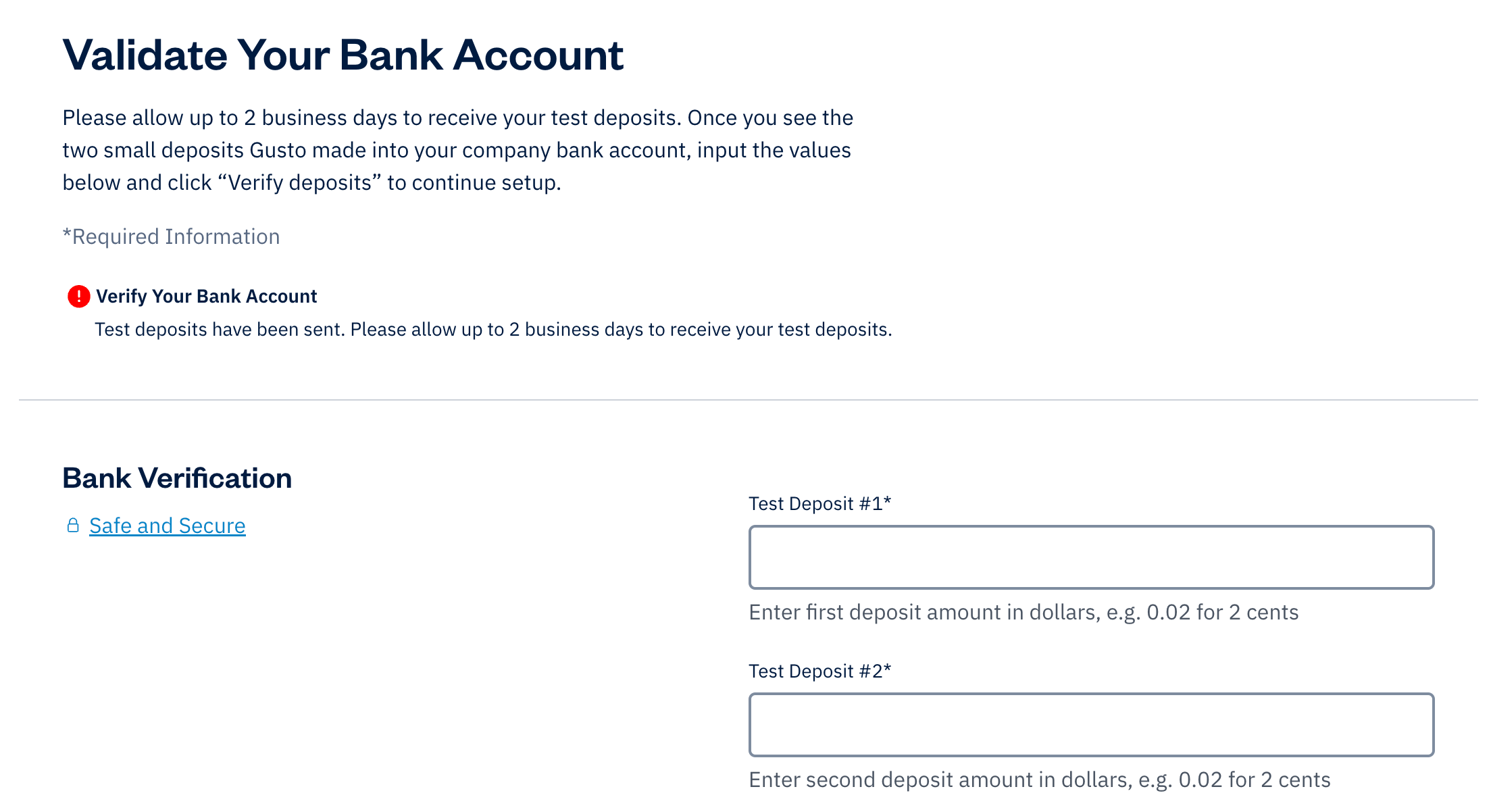 Validate your bank account section with fields to fill out for deposit amounts.